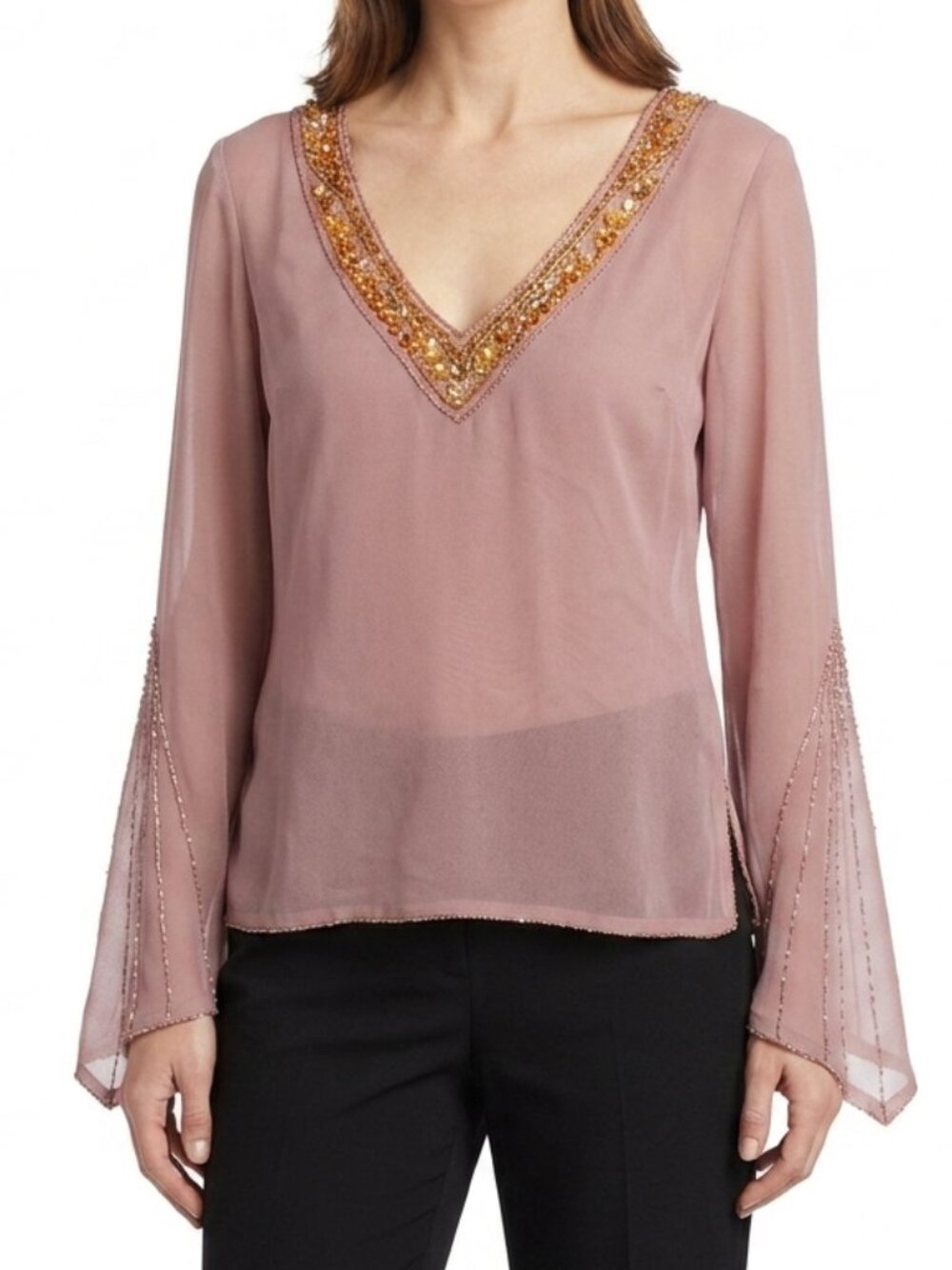 Oxmo "Kiss" Blush Pink Sheer Beaded Long Sleeve Top NEW- Sz. Sm